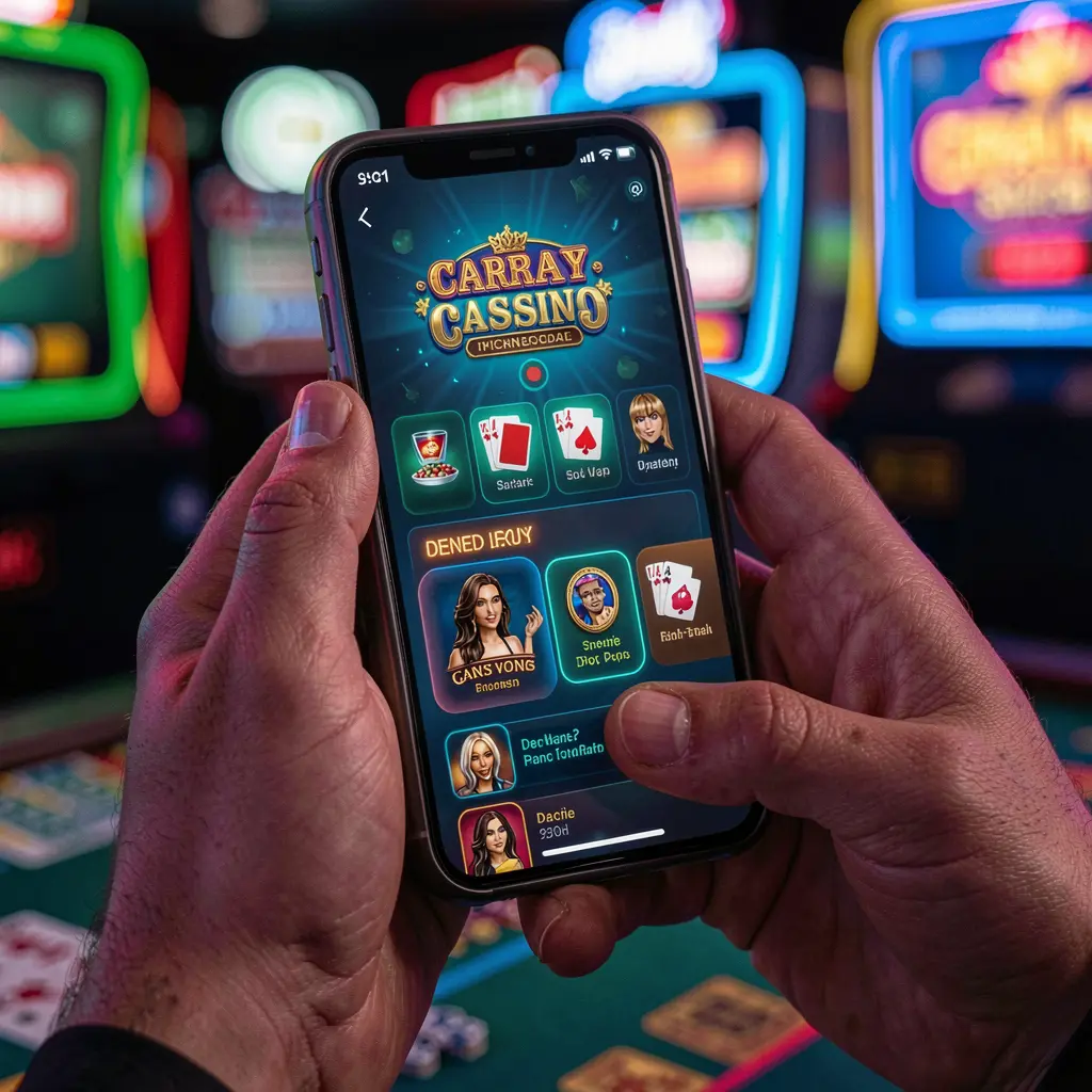 Close-up of hands playing modern slot games on the SR97 mobile casino app with bright symbols and smooth gameplay in a neon city setting
