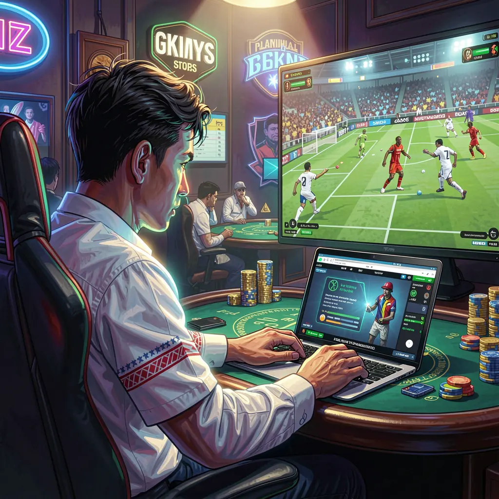 Focused Filipino sports bettor placing live wagers on a laptop while watching a football match on TV in a modern gaming setup using SR97