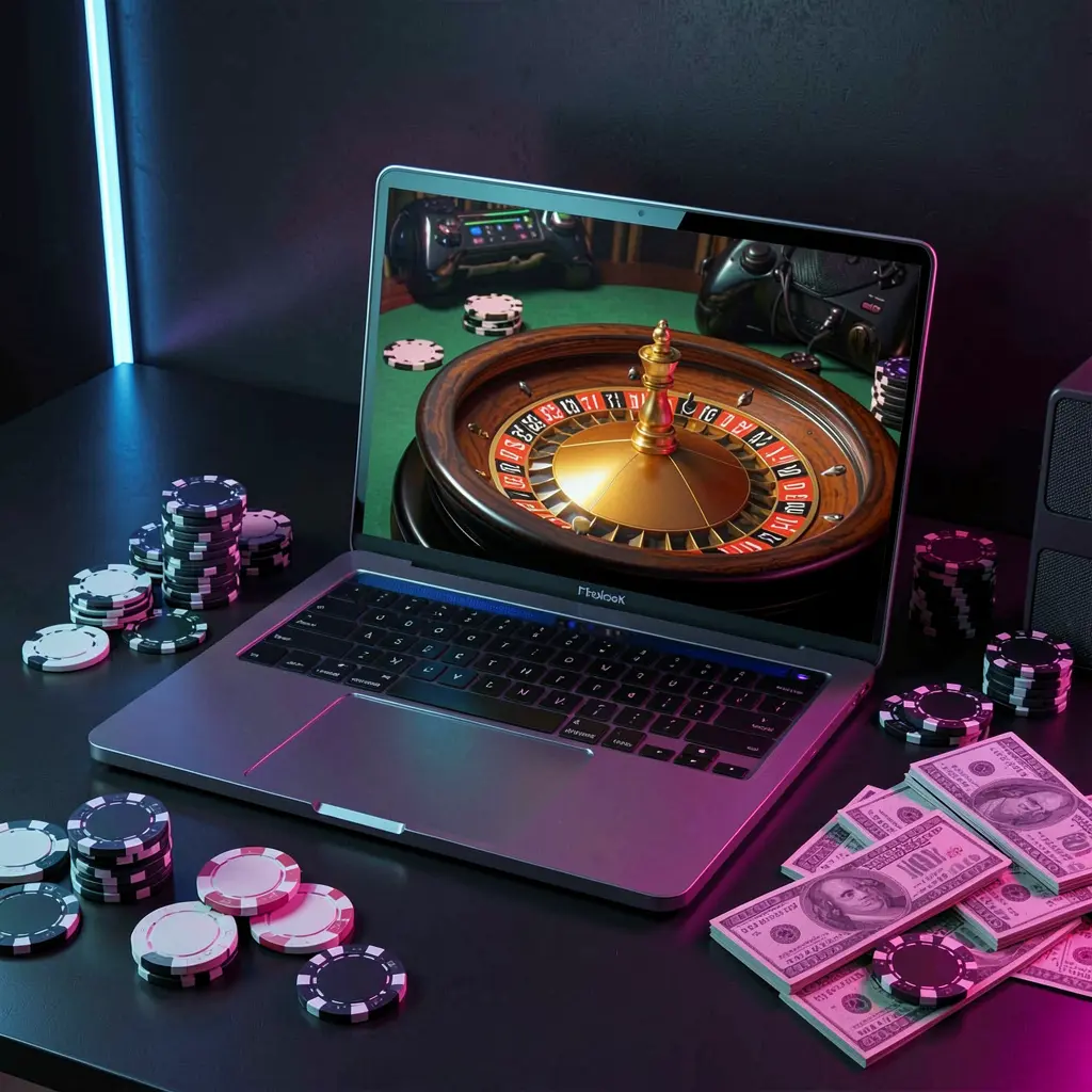 Modern online casino setup with a laptop displaying a live roulette wheel and scattered chips highlighting the immersive SR97 casino experience for players in the Philippines