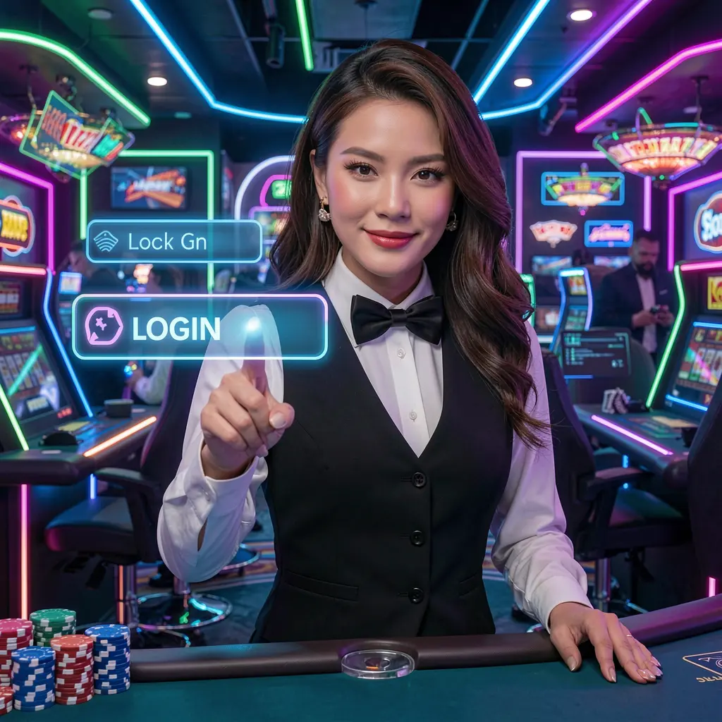 Professional casino dealer from the Philippines interacting with a virtual login interface amid glowing neon lights on the SR97 platform